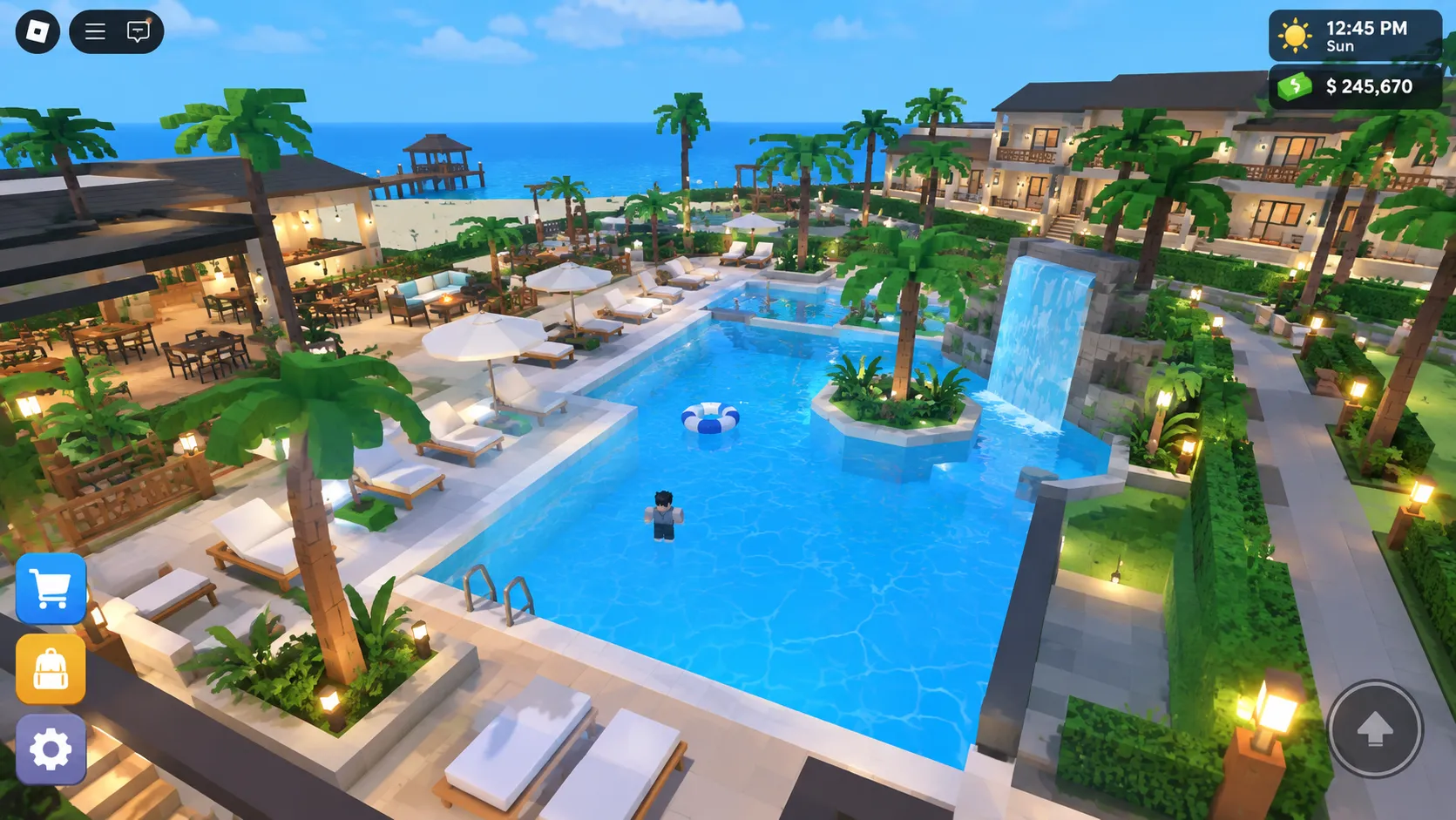 Roblox resort pool area with lounge chairs, palm trees and waterfall