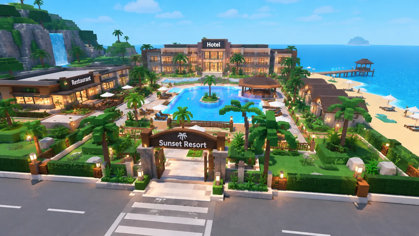 Roblox resort building with hotel, pool, restaurant and tropical landscaping