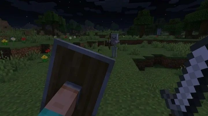 Minecraft Shield blocking an arrow fired by a Skeleton