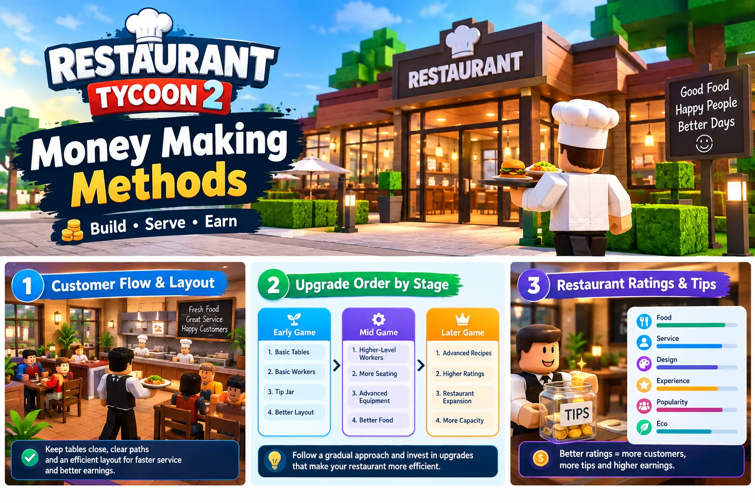 Restaurant Tycoon 2 money making methods with efficient layout, upgrades and restaurant ratings