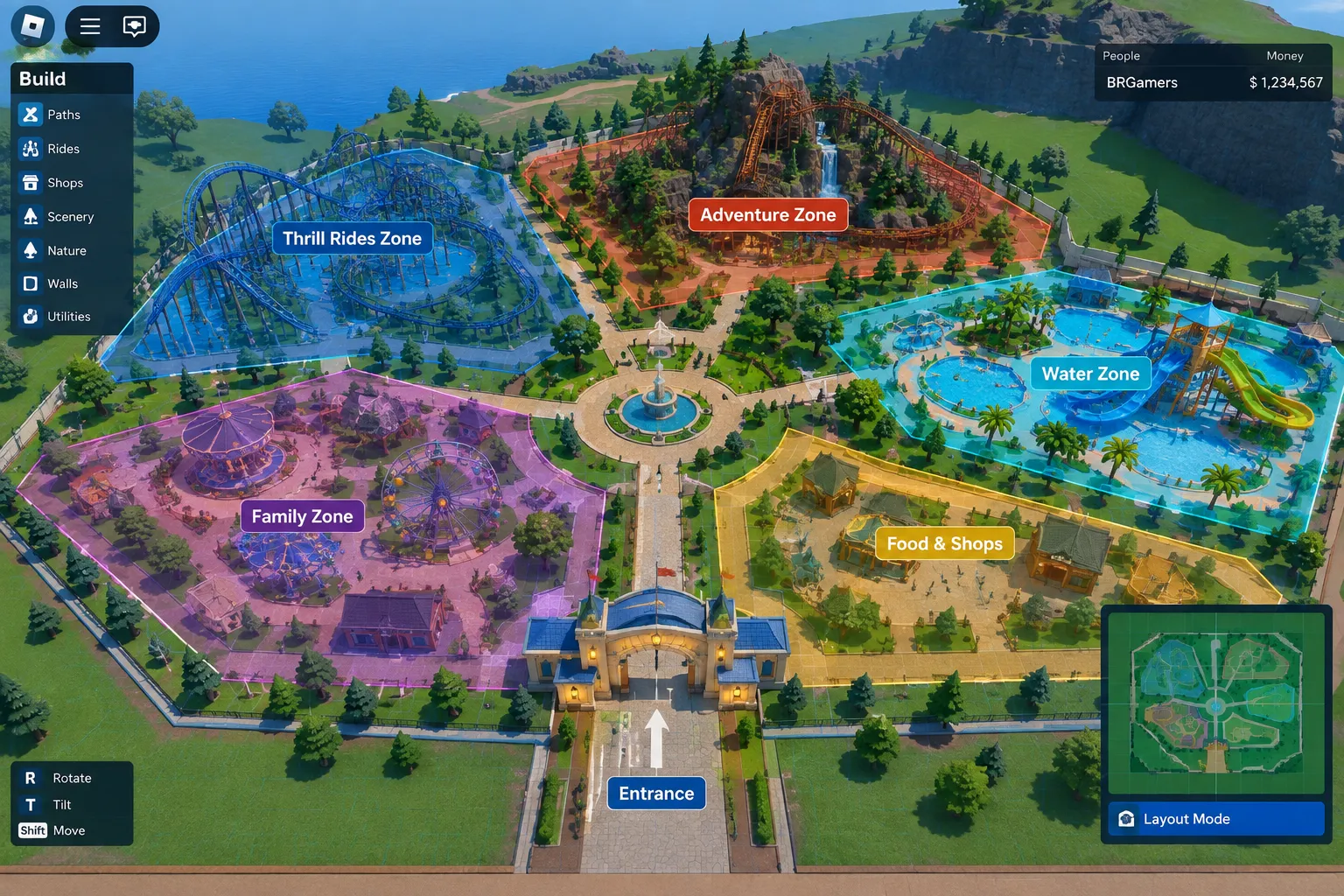 Roblox theme park layout planning with paths and ride zones