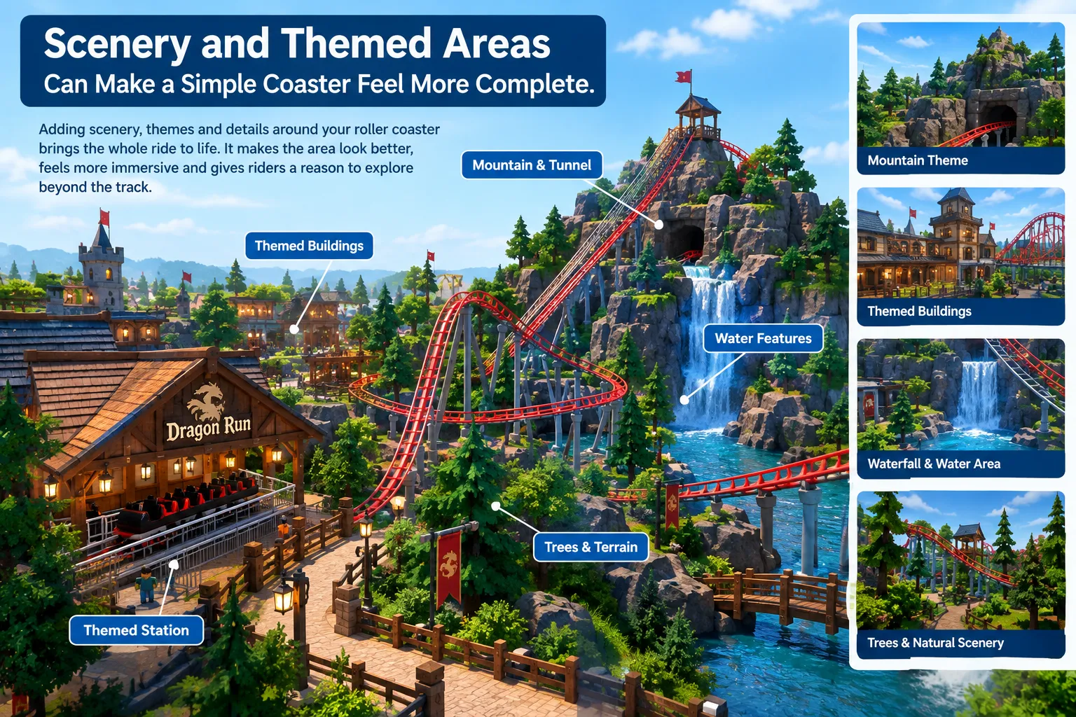 Roblox roller coaster with scenery and themed environment