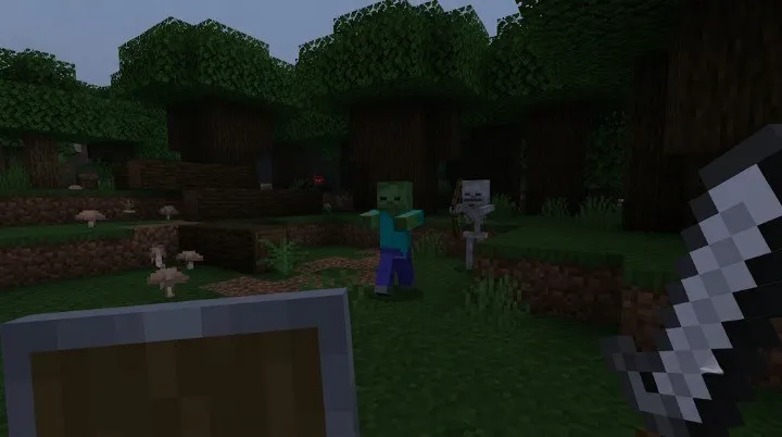 Minecraft player using a Shield during combat against hostile mobs