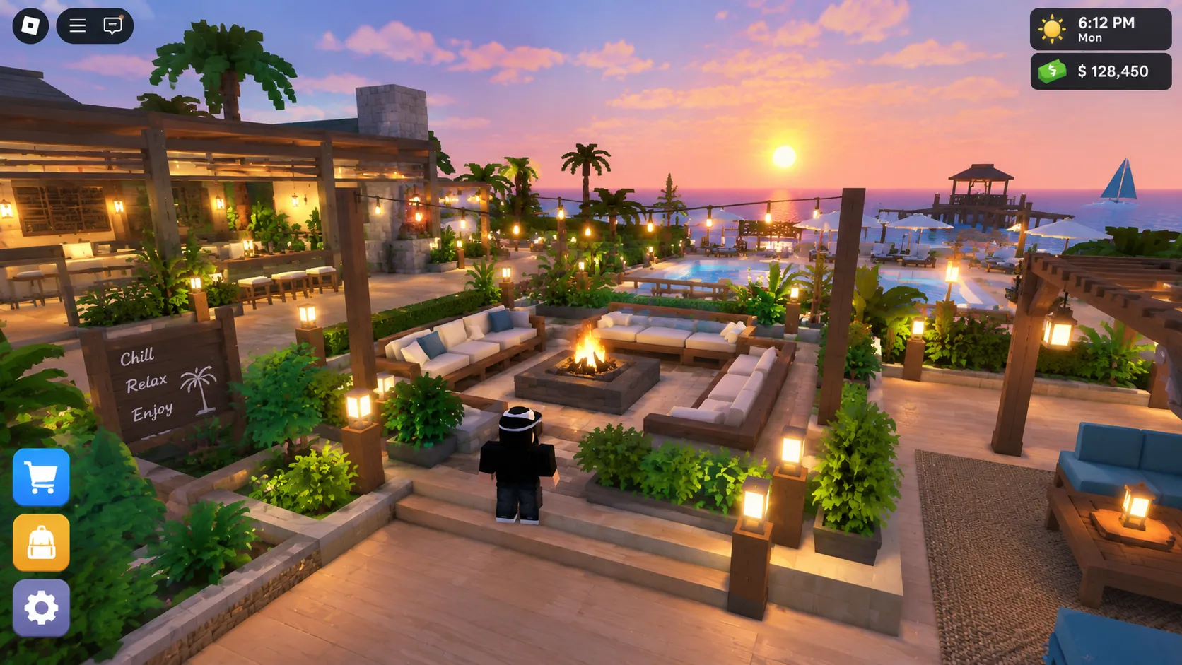 Roblox resort outdoor lounge with fire pit, sofas, plants and ocean view