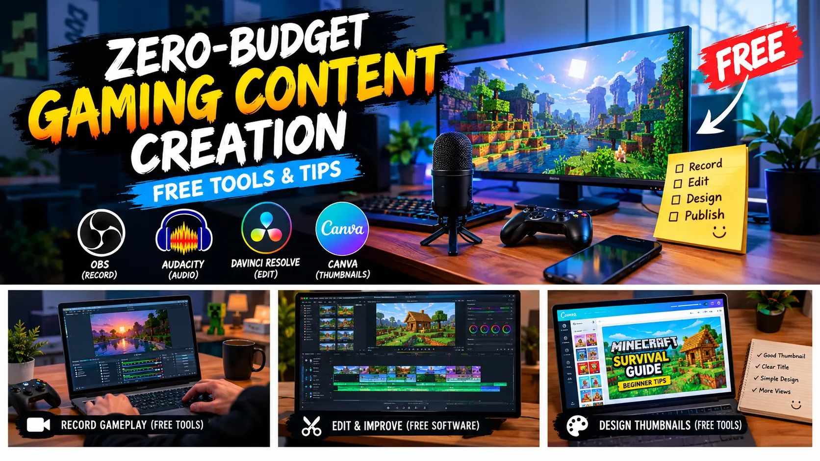 Zero-budget gaming content creation setup with gameplay recording and free editing tools